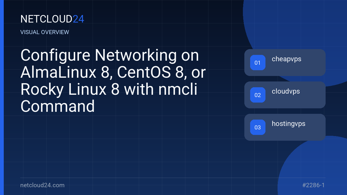 Visual overview of Configure Networking on AlmaLinux 8, CentOS 8, or Rocky Linux 8 with nmcli Command