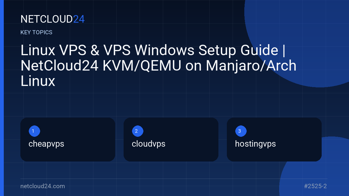 Key topics covered in Linux VPS & VPS Windows Setup Guide | NetCloud24 KVM/QEMU on Manjaro/Arch Linux
