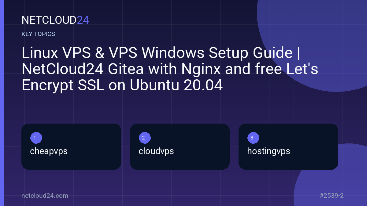 Key topics covered in Linux VPS & VPS Windows Setup Guide | NetCloud24 Gitea with Nginx and free Let's Encrypt SSL on Ubuntu 20.04