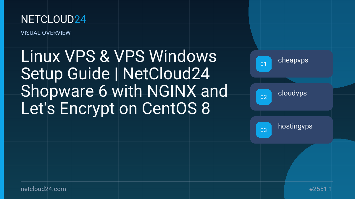 Visual overview of Linux VPS & VPS Windows Setup Guide | NetCloud24 Shopware 6 with NGINX and Let's Encrypt on CentOS 8