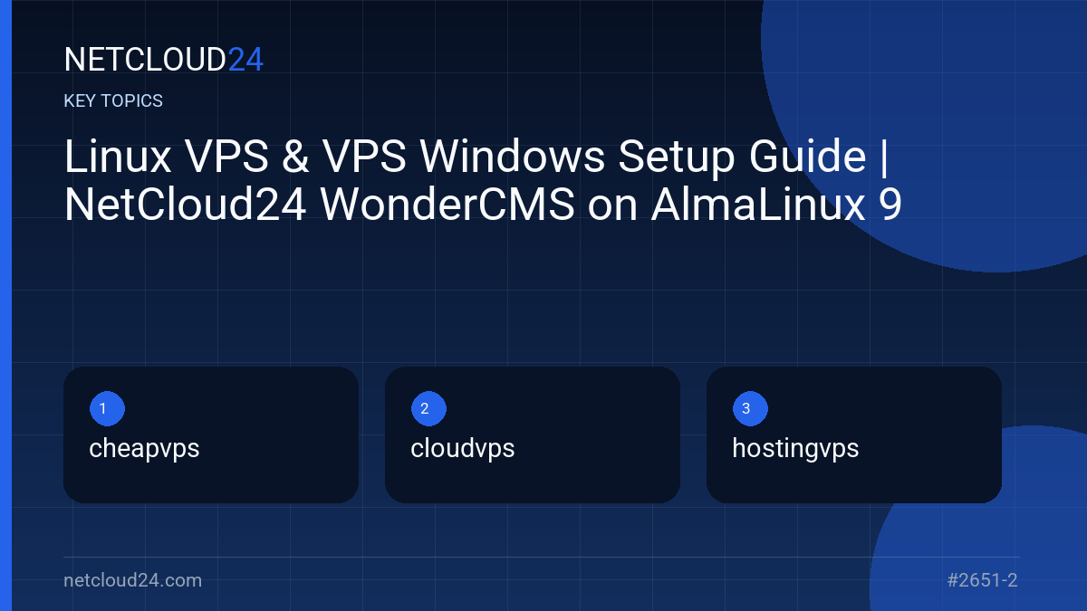 Key topics covered in Linux VPS & VPS Windows Setup Guide | NetCloud24 WonderCMS on AlmaLinux 9
