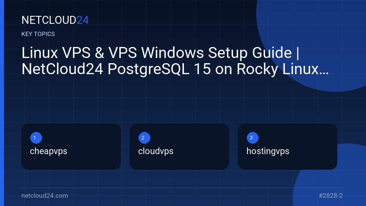 Key topics covered in Linux VPS & VPS Windows Setup Guide | NetCloud24 PostgreSQL 15 on Rocky Linux 9