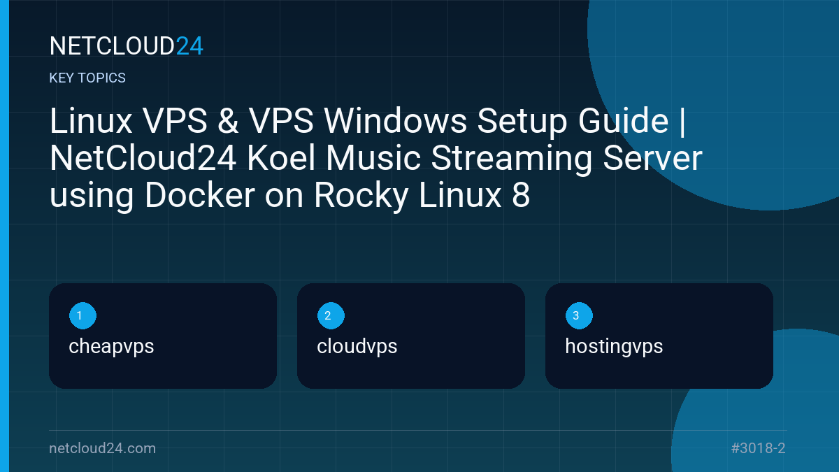 Key topics covered in Linux VPS & VPS Windows Setup Guide | NetCloud24 Koel Music Streaming Server using Docker on Rocky Linux 8