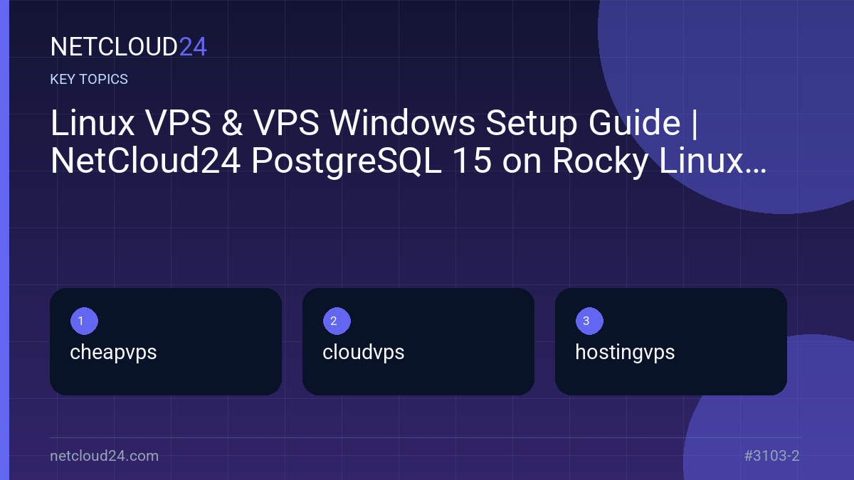 Key topics covered in Linux VPS & VPS Windows Setup Guide | NetCloud24 PostgreSQL 15 on Rocky Linux 9