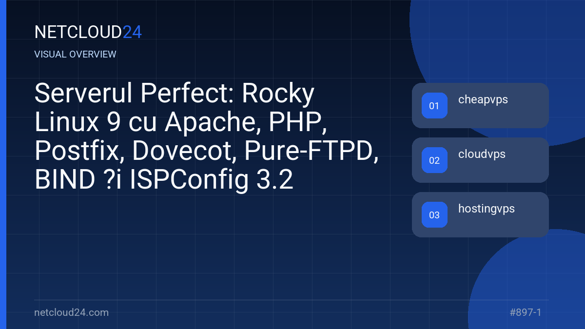 Visual overview of Serverul Perfect: Rocky Linux 9 cu Apache, PHP, Postfix, Dovecot, Pure-FTPD, BIND ?i ISPConfig 3.2