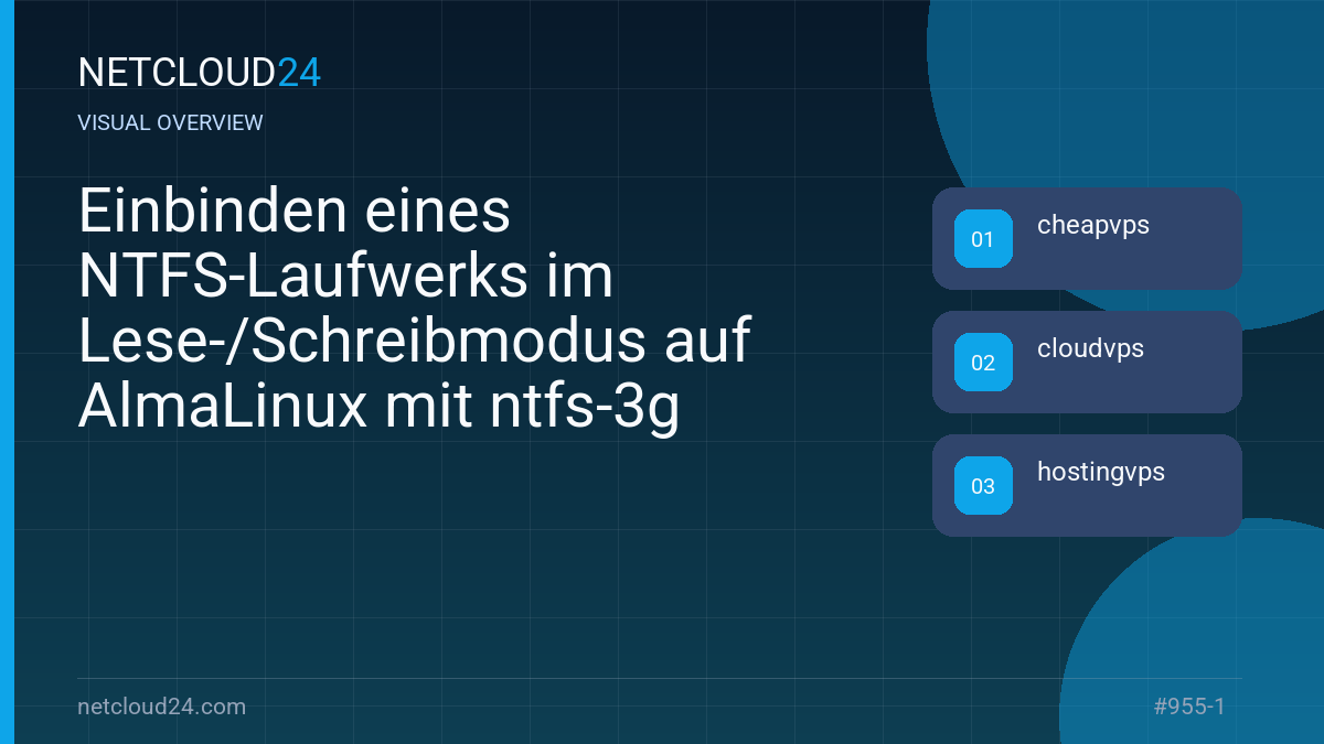 Visual overview of Einbinden eines NTFS-Laufwerks im Lese-/Schreibmodus auf AlmaLinux mit ntfs-3g